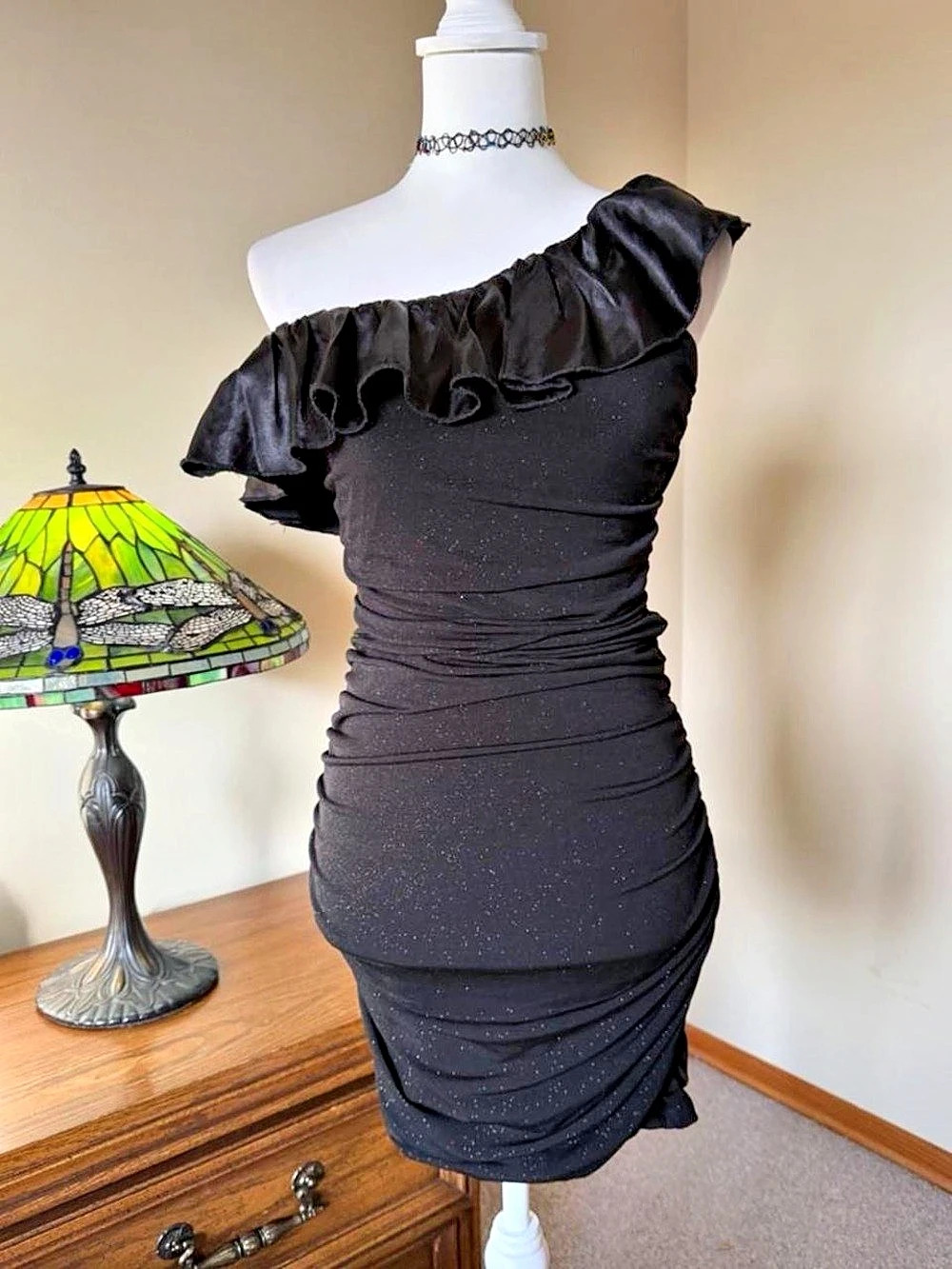 Homecoming Hoco black bodycon mini dress with ruffle one shoulder and subtle gli